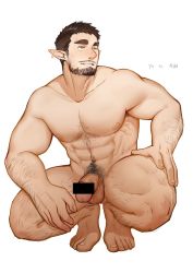 Rule 34 | 1boy, abs, absurdres, bar censor, bara, beard, body hair, brown hair, censored, chest hair, completely nude, earrings, facial hair, flaccid, full body, hairy, highres, jewelry, large pectorals, leg hair, looking to the side, male focus, male pubic hair, muscular, muscular male, navel, navel hair, nipples, nude, original, pectorals, penis, peterhl, pointy ears, pubic hair, short hair, solo, squatting, stubble, thick eyebrows, thick thighs, thighs, yellow eyes