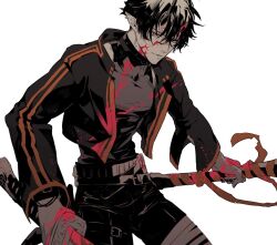 Rule 34 | 1boy, arknights, bandages, black jacket, black nails, black pants, black shirt, blood, blood on clothes, blood on face, blood on hands, chimi (s8s8 bb), commentary, cowboy shot, cropped jacket, dual wielding, flamebringer (arknights), holding, holding sword, holding weapon, horns, jacket, looking at viewer, male focus, material growth, nail polish, oripathy lesion (arknights), pants, pointy ears, red eyes, shirt, simple background, single horn, solo, sword, weapon, white background