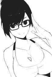 Rule 34 | 1girl, bare arms, bare shoulders, black-framed eyewear, black eyes, black hair, breasts, cleavage, closed mouth, collarbone, glasses, greyscale, hair bun, hand up, heart, hentaki, highres, large breasts, mei (overwatch), monochrome, no nose, overwatch, overwatch 1, salute, shirt, short hair, simple background, single hair bun, sleeveless, sleeveless shirt, smile, solo, upper body, white background