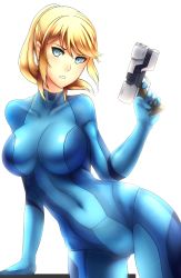 Rule 34 | 1girl, absurdres, backlighting, blonde hair, blue eyes, bodysuit, breasts, breasts apart, covered collarbone, cowboy shot, finger on trigger, gun, head tilt, highres, large breasts, leaning to the side, long hair, metroid, metroid: zero mission, nintendo, ponytail, ragecndy, samus aran, simple background, skin tight, solo, standing, swept bangs, weapon, white background, zero suit