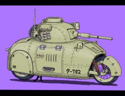 Rule 34 | bad tag, fusion, gatling santouhei, highres, military, military vehicle, motor vehicle, motorcycle, no humans, original, purple background, science fiction, simple background, tank, unconventional vehicle, vehicle focus