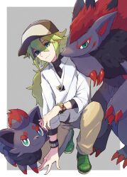 Rule 34 | 1boy, anidf, bangle, border, bracelet, closed mouth, collared shirt, commentary request, creatures (company), game freak, gen 5 pokemon, green eyes, green footwear, green hair, grey background, hat, highres, jewelry, long hair, male focus, n (pokemon), necklace, nintendo, pants, pokemon, pokemon (creature), pokemon bw, shirt, shoes, smile, squatting, undershirt, white border, white shirt, wristband, zoroark, zorua