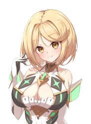 Rule 34 | 1girl, alternate hair length, alternate hairstyle, blonde hair, breasts, cleaveage, highres, large breasts, mythra (xenoblade), okazu2010015, simple background, solo, white background, xenoblade chronicles (series), xenoblade chronicles 2, yellow eyes