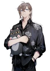Rule 34 | 1boy, ahoge, alternate hairstyle, black pants, black shirt, blue eyes, bokyo, bracelet, brown hair, clenched hand, closed mouth, collared shirt, cowboy shot, dated, earrings, hand in pocket, highres, holding, holding stuffed toy, jewelry, kanae (nijisanji), looking at viewer, male focus, mole, mole under eye, necklace, nijisanji, pants, ponytail, ring, roto (kanae), shirt, simple background, sleeves pushed up, solo, stuffed toy, twitter username, virtual youtuber, white background