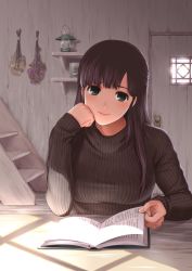 Rule 34 | 1girl, blush, book, breasts, clenched hand, domestic na kanojo, door, hand on own cheek, hand on own face, lamp, large breasts, light blush, light smile, long hair, open book, ribbed sweater, sasuga kei, shade, solo, stairs, sweater, tachibana hina, turtleneck, turtleneck sweater