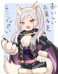 Rule 34 | 1girl, animal ears, animal hands, belt, fang, fire emblem, fire emblem awakening, fire emblem heroes, fur trim, gloves, grima (fire emblem), halloween costume, highres, long sleeves, nintendo, open mouth, paw gloves, puni y y, red eyes, robin (female) (fire emblem), robin (fire emblem), simple background, solo, tail, twintails, upper body, white hair, wolf ears, wolf tail