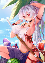 Rule 34 | 1girl, adapted costume, armband, armpits, arms up, bikini, blush, breasts, choker, cloud, cup, day, drinking straw, covered erect nipples, fate/grand order, fate (series), food, fruit, highres, juice, large breasts, long hair, looking at viewer, mouth hold, mug, navel, obiwan, palm leaf, red eyes, sideboob, silver hair, sky, solo, swimsuit, sword, tomoe gozen (fate), tying hair, watermelon, weapon, wooden sword