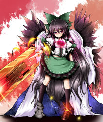 Rule 34 | 1girl, alternate weapon, arm cannon, asymmetrical clothes, asymmetrical footwear, bow, colorized, female focus, hair bow, long hair, mismatched footwear, reiuji utsuho, shimo (depthbomb), shishigami (sunagimo), solo, touhou, very long hair, weapon, wings