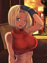 Rule 34 | 1girl, bad id, bad pixiv id, blonde hair, blue eyes, blue mary, breasts, dusk, enomoto hidehira, fatal fury, fingerless gloves, gloves, hair intakes, hand on own head, head tilt, large breasts, one eye closed, parted bangs, shirt, short hair, smile, solo, tank top, taut clothes, taut shirt, the king of fighters, wink