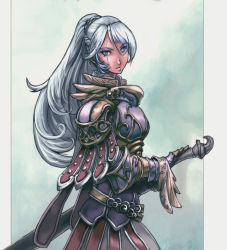 Rule 34 | 1girl, armor, blue eyes, cowboy shot, knight, long hair, looking at viewer, maawwmaa, original, ponytail, sheath, sheathed, silver hair, solo, sword, weapon