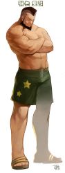 Rule 34 | 1boy, abs, alternate costume, arm hair, bandaid, bandaid on cheek, bandaid on face, bara, beard, black hair, casual, crossed arms, cyphers, damian doyle (cyphers), closed eyes, facial hair, frown, full body, gomtang, green shorts, highres, korean text, large pectorals, leg hair, male focus, mature male, mohawk, muscular, muscular male, navel, navel hair, nipples, pectorals, sandals, scar, scar across eye, short hair, shorts, solo, star (symbol), star print, stomach, third-party source, topless male, translation request