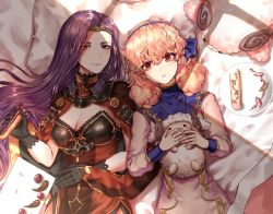 Rule 34 | 2girls, armor, bad id, bad twitter id, breasts, brown eyes, cleavage, curly hair, dress, earrings, fire emblem, fire emblem echoes: shadows of valentia, genny (fire emblem), gloves, hairband, jewelry, large breasts, long hair, multiple girls, necklace, nintendo, pink hair, purple eyes, purple hair, simple background, smile, sonya (fire emblem gaiden), tiara, wani (fadgrith)