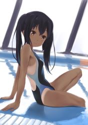 Rule 34 | 1girl, arm support, armpit peek, bare arms, bare shoulders, black hair, blush, breasts, brown eyes, competition swimsuit, dark-skinned female, dark skin, from side, k-on!, long hair, looking at viewer, nakano azusa, one-piece swimsuit, one-piece tan, reclining, rei no pool, sitting, small breasts, smile, solo, swimsuit, tan, tanline, twintails, wa (genryusui)