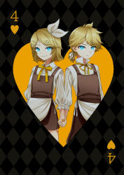 Rule 34 | absurdres, blonde hair, blue eyes, bow, brother and sister, four of hearts, glowing, glowing eyes, hair ornament, hairclip, highres, hitobashira alice (vocaloid), holding hands, kagamine len, kagamine rin, ribbon, sassan x, siblings, smile, vocaloid