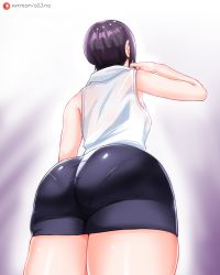 Rule 34 | 1girl, ass, bare shoulders, bike shorts, black hair, breasts, chainsaw man, from behind, from below, highres, huge ass, o22no, pantylines, reze (chainsaw man), shiny clothes, shiny skin, short hair, sideboob, small breasts, solo