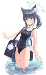 Rule 34 | 1girl, absurdres, animal ear fluff, animal ears, bag, black one-piece swimsuit, blue archive, blue eyes, breasts, competition swimsuit, covered navel, cross hair ornament, extra ears, grey hair, hair ornament, halo, highres, leaning back, looking at viewer, low ponytail, medium breasts, medium hair, mismatched pupils, miyuan, multicolored clothes, multicolored swimsuit, official alternate costume, one-piece swimsuit, shiroko (blue archive), shiroko (swimsuit) (blue archive), simple background, solo, standing, swimsuit, wading, water, white background, wolf ears