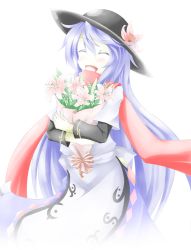 Rule 34 | 1girl, ^ ^, akisome hatsuka, blue hair, bouquet, closed eyes, closed eyes, female focus, flower, hat, hatsuka (exsilver), hinanawi tenshi, long hair, open mouth, red scarf, scarf, skirt, smile, solo, touhou
