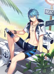 Rule 34 | 1boy, ahoge, arm support, bare legs, bare pectorals, beach, black footwear, blue eyes, blue hair, blue male swimwear, bottle, bracelet, closed mouth, closers, coconut tree, foot out of frame, hair between eyes, highres, holding, holding bottle, hood, hood down, hooded jacket, jacket, jammers, jewelry, looking at viewer, male focus, male swimwear, nata (closers), navel, necklace, ocean, official art, on bench, open clothes, open jacket, palm tree, pectorals, plant, road sign, sand castle, sand sculpture, short hair, short sleeves, sign, sitting, smile, solo, stomach, tree, v-shaped eyebrows, water bottle, white jacket, wristband