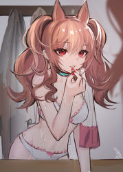 Rule 34 | 1girl, angelina (arknights), applying makeup, arknights, bad id, bad pixiv id, black collar, bra, brown hair, collar, cosmetics, cowboy shot, extra ears, hair ornament, he (cayd3375), holding, holding lipstick tube, infection monitor (arknights), lips, lipstick tube, long hair, looking at viewer, mirror, panties, red eyes, sidelocks, sketch, solo, sweat, twintails, underwear, white bra, white panties