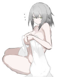 Rule 34 | ..., 1girl, absurdres, arknights, breasts, cleavage, closed mouth, collarbone, completely nude, covering privates, covering breasts, ff frbb122, full body, green eyes, grey hair, greythroat (arknights), highres, holding, holding towel, large breasts, looking at viewer, nude, short hair, simple background, sitting, solo, towel, white background