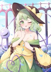 Rule 34 | 1girl, black hat, blue flower, blue rose, blush, breasts, closed mouth, collarbone, collared shirt, commentary request, floral print, flower, frilled shirt collar, frilled sleeves, frills, green eyes, green hair, green skirt, hat, hat ribbon, komeiji koishi, long hair, long sleeves, medium breasts, one eye closed, petals, ribbon, rose, rose petals, rose print, rururiaru, shirt, skirt, smile, solo, third eye, tongue, tongue out, touhou, wide sleeves, yellow ribbon, yellow shirt