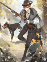 Rule 34 | 1boy, artist request, ascot, belt, black bow, black bowtie, black cape, black footwear, black hat, black pants, black vest, boots, bow, bowtie, brooch, brown hair, cape, checkered ascot, collar, collared cape, collared shirt, dobermann, earl grey tea (food fantasy), earrings, falling leaves, flower, food fantasy, forest, fur-trimmed cape, fur trim, gloves, gold trim, grass, grey gloves, gun, hair between eyes, hat, hat feather, heart, heart brooch, highres, holding, holding gun, holding weapon, jewelry, leaf, looking at viewer, looking to the side, male focus, musket, nature, official art, pants, petals, pouch, puffy sleeves, red eyes, shirt, short hair, single earring, sleeves past wrists, smile, solo, spiked collar, spikes, standing, thigh pouch, third-party source, tree, v-shaped eyebrows, vest, weapon, white flower, white shirt