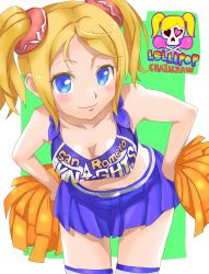 Rule 34 | 1girl, bent over, blonde hair, blue eyes, blush, breasts, cheerleader, cleavage, clothes writing, crop top, grasshopper manufacture, hand on own hip, hands on own hips, hanging breasts, juliet starling, king-keisuke, leaning forward, lollipop chainsaw, looking at viewer, midriff, miniskirt, navel, pom pom (cheerleading), scrunchie, short twintails, skirt, smile, solo, thighhighs, twintails