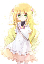 Rule 34 | 1girl, aged down, ake no hoshi no elise, arms behind back, blonde hair, bow, child, dress, flower, green eyes, hair flower, hair ornament, long hair, looking at viewer, pink bow, puffy short sleeves, puffy sleeves, rento (rukeai), saikyou ginga ultimate zero ~battle spirits~, short sleeves, sidelocks, simple background, smile, solo, white background, white dress