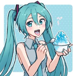 Rule 34 | 1girl, :d, bare shoulders, blue background, blue eyes, blue hair, blue nails, blue necktie, blush, border, collared shirt, commentary, dot nose, food, frilled shirt, frills, grey shirt, hair between eyes, hatsune miku, highres, holding, holding food, holding spoon, long hair, looking at viewer, nail polish, necktie, open mouth, polka dot, polka dot background, shaved ice, shirt, sidelocks, simple background, sleeveless, sleeveless shirt, smile, solo, spoon, supo01, symbol-only commentary, teeth, tongue, tongue out, twintails, upper body, upper teeth only, very long hair, vocaloid, white border