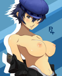 Rule 34 | 1girl, 640mb, androgynous, atlus, bad id, bad pixiv id, blazer, blue background, blue hair, blush, breasts, cabbie hat, crossdressing, grey eyes, hat, jacket, large breasts, looking at viewer, midriff, nipples, off shoulder, open clothes, open jacket, open shirt, persona, persona 4, reverse trap, shirogane naoto, shirt, short hair, solo