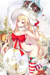 Rule 34 | 1girl, arched back, bell, blonde hair, bow, breasts, cinia pacifica, cleavage, crown, drill hair, flower, gift, gio (maroon0924), gloves, jingle bell, kneeling, long hair, panties, pink eyes, ribbon, rose, snow globe, snowman, solo, striped clothes, striped thighhighs, sword girls, thigh gap, thighhighs, underwear, very long hair, white panties