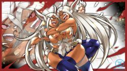 Rule 34 | 2girls, animal ears, artist logo, asymmetrical docking, bare arms, bare shoulders, battle, boku no hero academia, border, breast press, breasts, clone, covered navel, dark-skinned female, dark nipples, dark skin, dual persona, fangs, from side, gloves, grabbing, highleg, highleg leotard, highres, holding hands, huge breasts, impossible clothes, impossible leotard, interlocked fingers, leotard, long hair, looking at another, mirko, multiple girls, muscular, muscular female, nipples, no bra, open mouth, rabbit ears, rabbit girl, rabbit tail, red eyes, silver hair, smile, tail, teeth, thighhighs, toh les, toned, torn clothes, torn leotard, v-shaped eyebrows, very long hair, white leotard