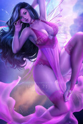 Rule 34 | 1girl, artist name, ayya sap, barefoot, blue eyes, breasts, character request, cleavage, cloud, colored skin, commission, copyright request, dress, facing viewer, fairy wings, large breasts, lips, long hair, looking at viewer, pinup (style), purple dress, purple hair, purple skin, realistic, sky, solo, very long hair, wallpaper, wings