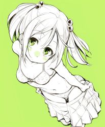 Rule 34 | 10s, 1girl, green background, green eyes, hair ornament, kantai collection, lingerie, monochrome, salamander (hop-step), sazanami (kancolle), short twintails, simple background, skirt, solo, twintails, underwear, undressing