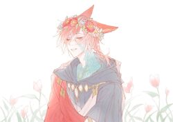 Rule 34 | 1boy, animal ears, blush, braid, cat ears, closed eyes, crystal exarch, final fantasy, final fantasy xiv, flower, flower wreath, g&#039;raha tia, head wreath, male focus, material growth, simple background, smile, solo, tladpwl03, tulip, upper body, white background