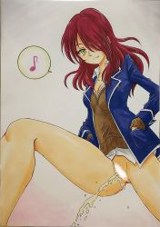 Rule 34 | 1girl, ashigaki radar, blue jacket, bottomless, breasts, brown sweater vest, censored, cleavage, collarbone, fang, from below, hair over one eye, hands in pockets, highres, jacket, kobayashi rindou, long hair, long sleeves, looking at viewer, looking down, medium breasts, musical note, open clothes, open jacket, peeing, pussy, red hair, shirt, shokugeki no souma, smile, spoken musical note, standing, sweater vest, white background, white shirt, yellow eyes