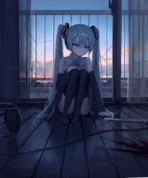Rule 34 | 1girl, absurdres, balcony, bare shoulders, black thighhighs, blood, blood on clothes, blood on face, blood splatter, blue eyes, blue hair, blue necktie, cloud, commentary, crack, cracked glass, curtains, detached sleeves, full body, hand on own knee, hatsune miku, headphones, highres, indoors, knees up, long hair, necktie, sakiika0513, sitting, sky, solo, spring onion, stool, sunset, tears, thighhighs, twintails, vocaloid