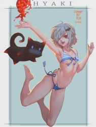 Rule 34 | 1girl, arm up, armpits, bat hair ornament, bikini, breasts, cat, fang, front-tie bikini top, front-tie top, full body, hair ornament, hair over one eye, highres, jumping, looking at viewer, open mouth, original, ray (nagaseray), red eyes, short hair, side-tie bikini bottom, silver hair, small breasts, solo, striped bikini, striped clothes, swimsuit, vampire