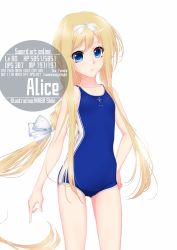 Rule 34 | 1girl, alice zuberg, artist name, blonde hair, blue eyes, blue one-piece swimsuit, bow, braid, character name, collarbone, cowboy shot, english text, eyes visible through hair, flat chest, hair bow, hair ornament, hairband, highres, inaba shiki, long hair, looking at viewer, multicolored clothes, multicolored swimsuit, new school swimsuit, one-piece swimsuit, school swimsuit, simple background, smile, solo, standing, stats, striped clothes, striped one-piece swimsuit, swimsuit, sword art online, sword art online: alicization, vertical-striped clothes, vertical-striped one-piece swimsuit, very long hair, white background, white hairband