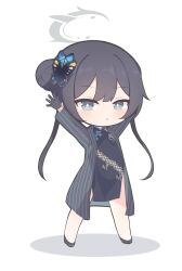 Rule 34 | 1girl, arms up, black hair, blue archive, butterfly hair ornament, chibi, china dress, chinese clothes, coat, dragon print, dress, full body, gloves, grey eyes, hair bun, hair ornament, halo, highres, kisaki (blue archive), looking at viewer, print dress, rokukarashi, solo, striped, striped coat, twintails, vertical-striped coat