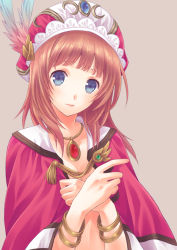 Rule 34 | 1girl, atelier (series), atelier rorona, blue eyes, bracelet, brown hair, capelet, covering privates, expressionless, female focus, hat, jewelry, necklace, pink background, rororina fryxell, short hair, simple background, solo, upper body, yuuki (secret angel), yuuki mitsuru
