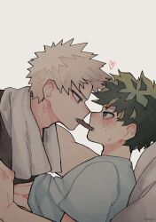 Rule 34 | 2boys, bakugou katsuki, blonde hair, blue shirt, blush, boku no hero academia, chocolate, commentary request, eye contact, food, food in mouth, freckles, gaagyeo, green eyes, green hair, hand under clothes, hand under shirt, heart, highres, korean commentary, looking at another, male focus, midoriya izuku, multiple boys, red eyes, sharing food, shirt, short hair, short sleeves, spiked hair, yaoi