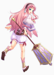 Rule 34 | 1girl, ankle cuffs, bare legs, bloomers, brown footwear, calilica, capelet, dress, falcom, from behind, full body, green eyes, hair ribbon, hairband, long hair, looking at viewer, looking back, mace, maid headdress, miyai sen, open mouth, oversized object, pink hair, ribbon, running, shoes, short dress, simple background, smile, solo, straight hair, tress ribbon, underwear, weapon, white background, ys, ys memories of celceta
