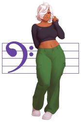 Rule 34 | 1girl, arm behind back, bass clef, breasts, cargo pants, commentary, cropped shirt, dark-skinned female, dark skin, entheighth, eyebrows hidden by hair, full body, green pants, hair over one eye, hand in own hair, highres, large breasts, lips, medium hair, midriff, navel, original, pants, purple hair, smile, solo, symbol-only commentary, white hair