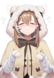 Rule 34 | 1girl, animal hood, bear hood, blush, brown capelet, brown hair, capelet, closed eyes, crossed bangs, drawn ears, drawn whiskers, embarrassed, harurunoe, hololive, hololive english, hood, multicolored hair, nanashi mumei, official alternate costume, paw pose, sleeves past wrists, streaked hair, sweatdrop, sweater, virtual youtuber, white sweater