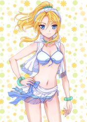 Rule 34 | 10s, 1girl, ayase eli, bandana, bangle, bikini, blonde hair, blue eyes, bracelet, breasts, cleavage, fingernails, front-tie top, hand on own hip, jewelry, long hair, looking at viewer, lots of jewelry, love live!, love live! school idol project, medium breasts, nail polish, natsuiro egao de 1 2 jump!, necklace, orebalgum, ponytail, shiny skin, smile, solo, swimsuit