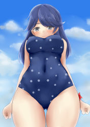 Rule 34 | 1girl, absurdres, black hair, blue sky, blue one-piece swimsuit, blush, breasts, cloud, cloudy sky, day, from below, gluteal fold, grey eyes, highres, kantai collection, koru pera, large breasts, long hair, looking at viewer, one-piece swimsuit, polka dot, polka dot swimsuit, sky, solo, swimsuit, ushio (kancolle)