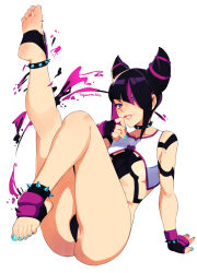 Rule 34 | 1girl, artist name, ass, black hair, blue eyes, blue nails, collar, commentary, feet, fingerless gloves, full body, gloves, hair horns, hair over one eye, han juri, heterochromia, highres, leg up, legs, looking at viewer, multicolored hair, nail polish, parted lips, purple eyes, purple hair, simple background, smile, soles, solo, spiked collar, spikes, squeezable (squeezabledraws), stirrup legwear, streaked hair, street fighter, toeless legwear, toenail polish, toenails, toes, two-tone hair, white background