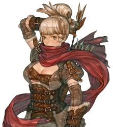 Rule 34 | 1girl, arm up, arrow (projectile), blonde hair, breasts, cleavage, cowboy shot, holding, holding behind back, hunter master, hunter master (tree of savior), long hair, looking at viewer, maggi, official art, quiver, red scarf, scarf, sheath, simple background, solo, tree of savior, unsheathing, updo, upper body, white background