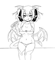 Rule 34 | 1girl, :q, afterimage, alternate breast size, bikini, black sclera, blush, breasts, colored sclera, demon girl, demon tail, demon wings, devil (monster girl encyclopedia), drawfag, earrings, greyscale, groin, handjob gesture, head wings, heart, heart-shaped pupils, heart earrings, jewelry, large breasts, looking at viewer, md5 mismatch, monochrome, monster girl encyclopedia, monster girl encyclopedia ii, motion lines, multicolored hair, naughty face, nav (itsnav), navel, pointy ears, sexually suggestive, short hair, skull, solo, streaked hair, swimsuit, symbol-shaped pupils, tail, tongue, tongue out, twintails, two-tone hair, wide hips, wings